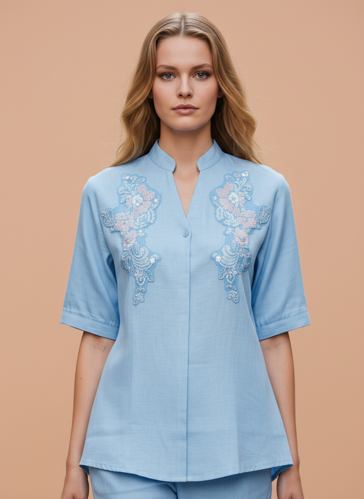 Sky Blue Embroidered Coord Set for Women