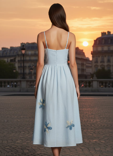 Elegant Sky Blue Floral Embroidered Midi Dress for Women