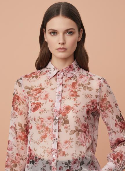 Premium Organza Pink And Green Long Length Curved Hem Digital Print Shirt