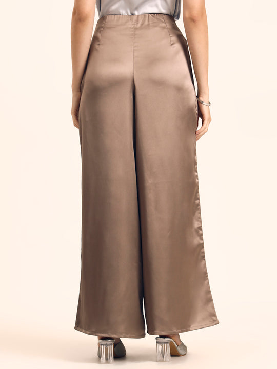 Luxury Satin Wide Leg Pants European Fabric  Mocha Pearl Glam Look