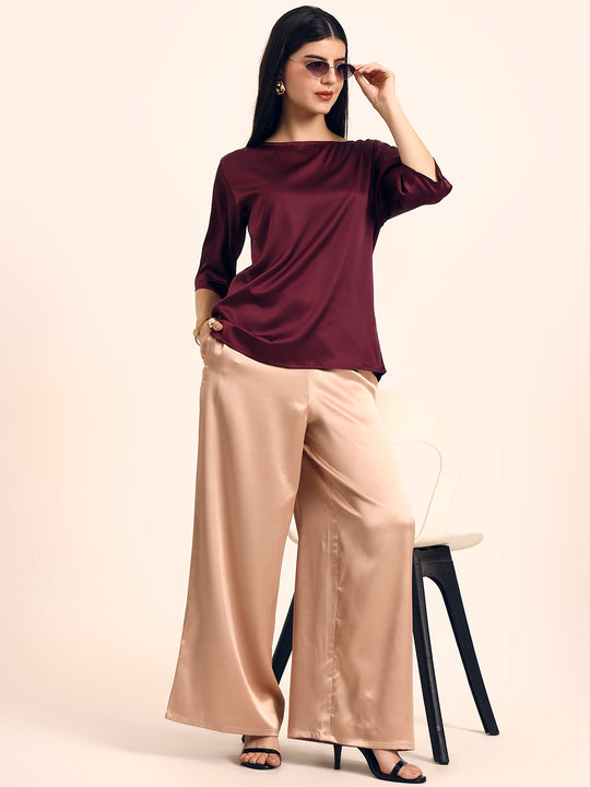 Luxury Satin Wide Leg Pants European Fabric  Rose Sand Glam Look