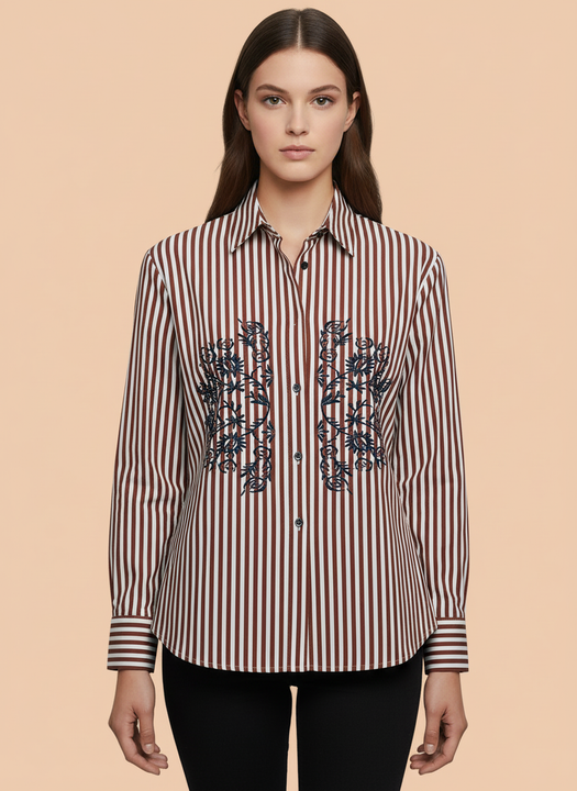 Rust Elegance Striped Floral Embroidered Shirt