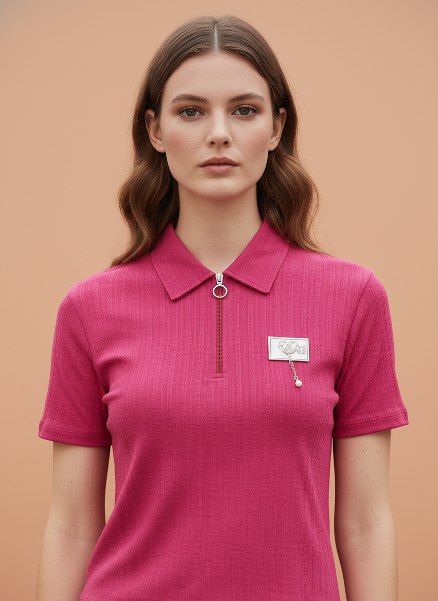 Women’s Fuchsia Pink Ribbed Knit Quarter Zip Polo T-Shirt