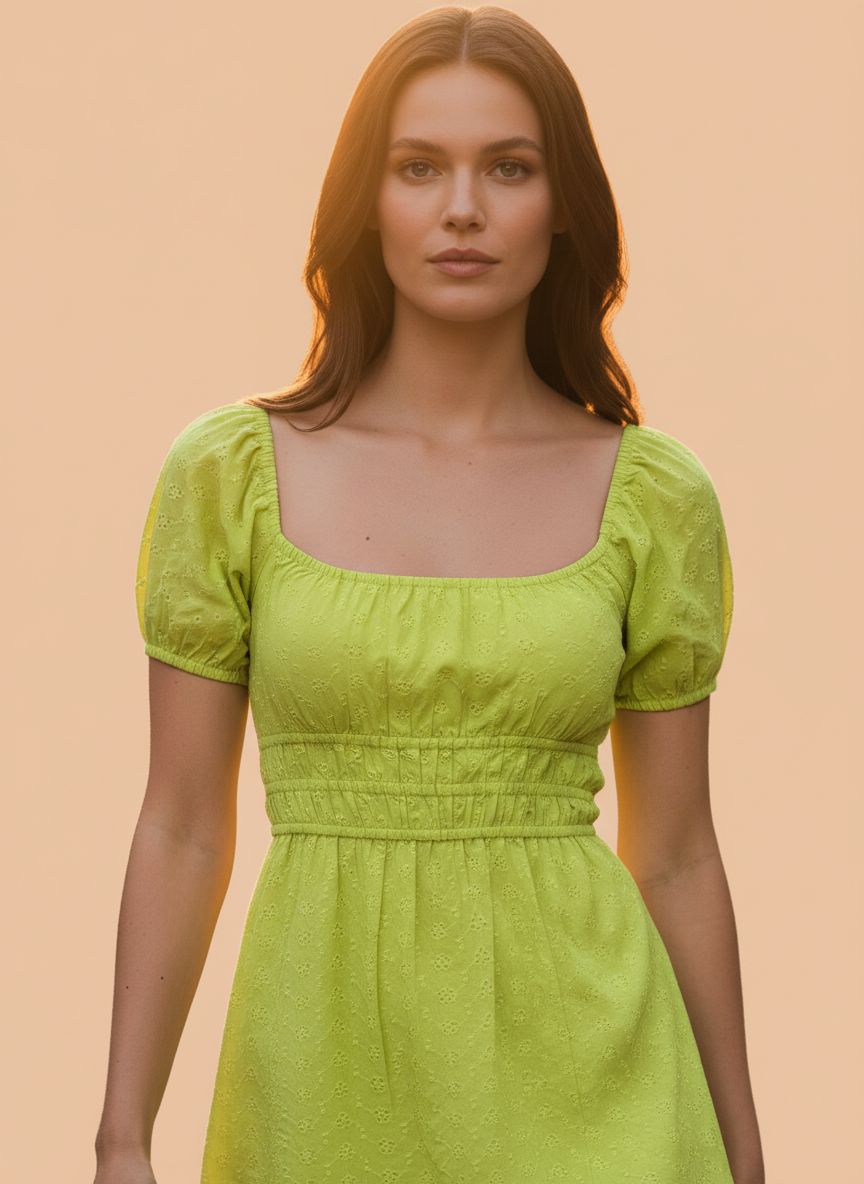 Lime Green Square Neck Puff Sleeve Mini Dress