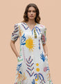 Rayon Printed Puff Sleeve A Line Front Button Maxi Dress