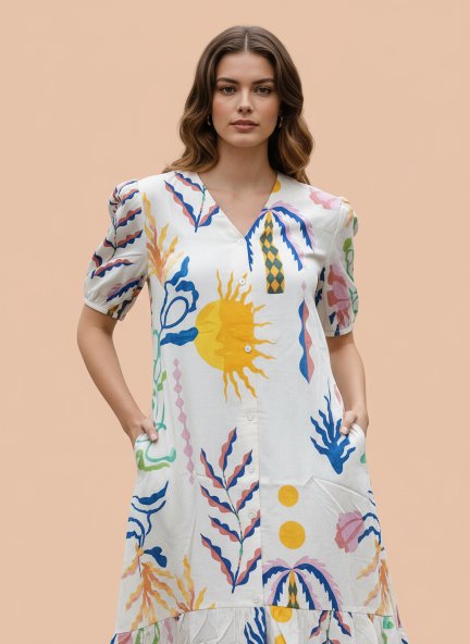 Rayon Printed Puff Sleeve A Line Front Button Maxi Dress