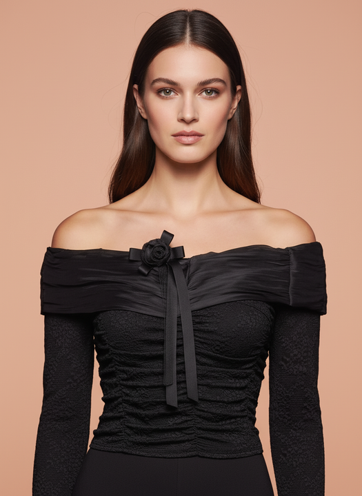 Black Off-Shoulder Ruched Corset Top with Lace Sleeves & Rose Bow Detail