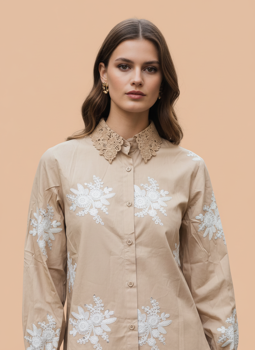 Beige Lace Embroidered Cotton Shirt for Women