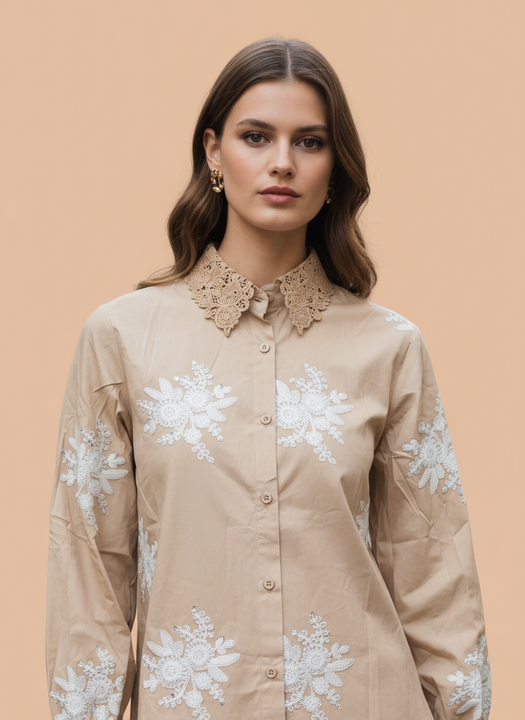 Beige Lace Embroidered Cotton Shirt for Women