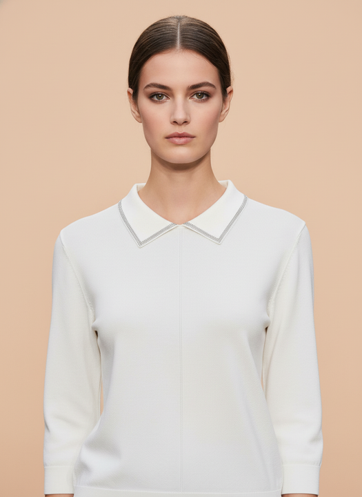 White Knit Top with Embellished Peter Pan Collar