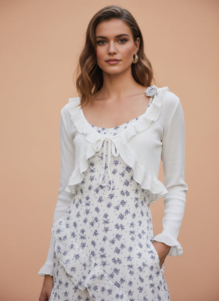 Elegant White Floral Midi Dress with Layered Design & Light Shrug