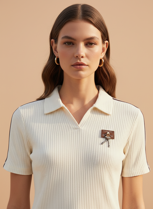 Women’s Cream Ribbed Knit Polo T-Shirt