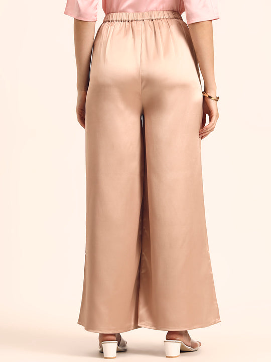 Luxury Satin Wide Leg Pants European Fabric  Peachy Pink Glam Look