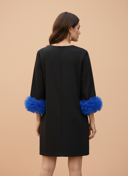 Elegant Black Embellished Shift Dress with Statement Sleeves
