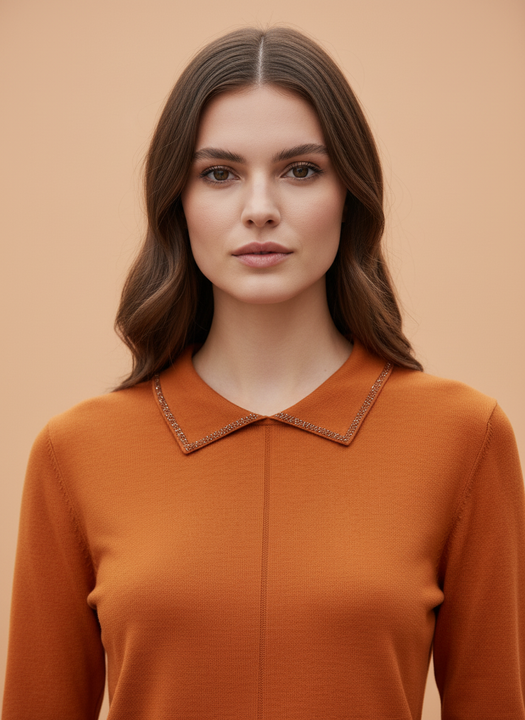 Burnt Orange Knit Top with Embellished Peter Pan Collar