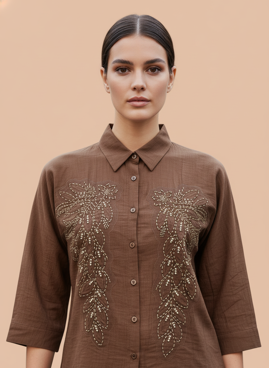 Elegant Earth-Tone Embroidered Cotton Shirt for Women