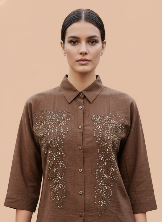 Elegant Earth-Tone Embroidered Cotton Shirt for Women