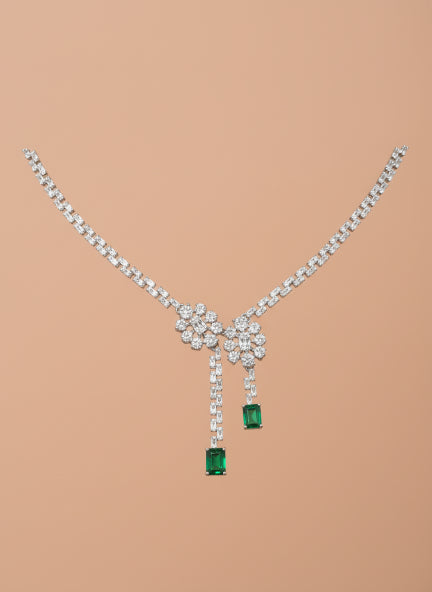 Luxury Silver-Tone Cubic Zirconia Floral Drop Necklace & Emerald Dangle Earrings Set