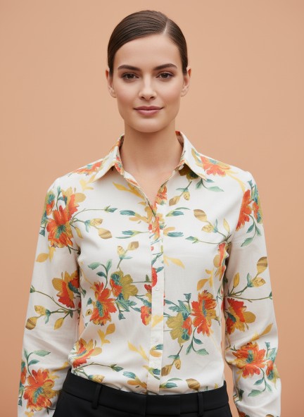 Cambric Digital Print Puff Sleeve Shirt