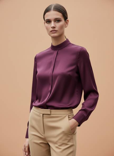 Summer Satin Deep Plum Mandarin Collar Shirt