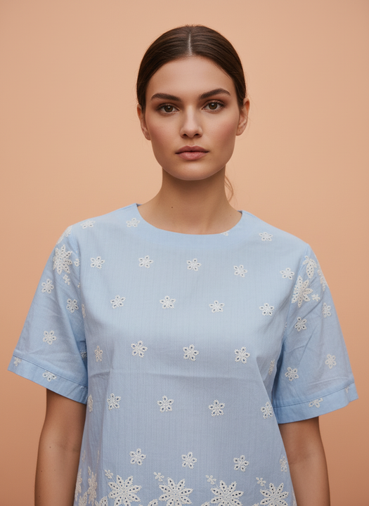 Sky Blue Schiffli Embroidered Cotton Top