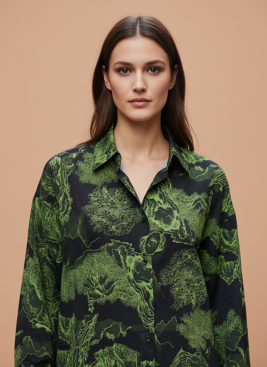Women's Black & Green Abstract Floral Printed Oversized Shirt