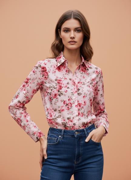 Premium Organza Pink And Green Regular Length Straight Hem Digital Print Shirt