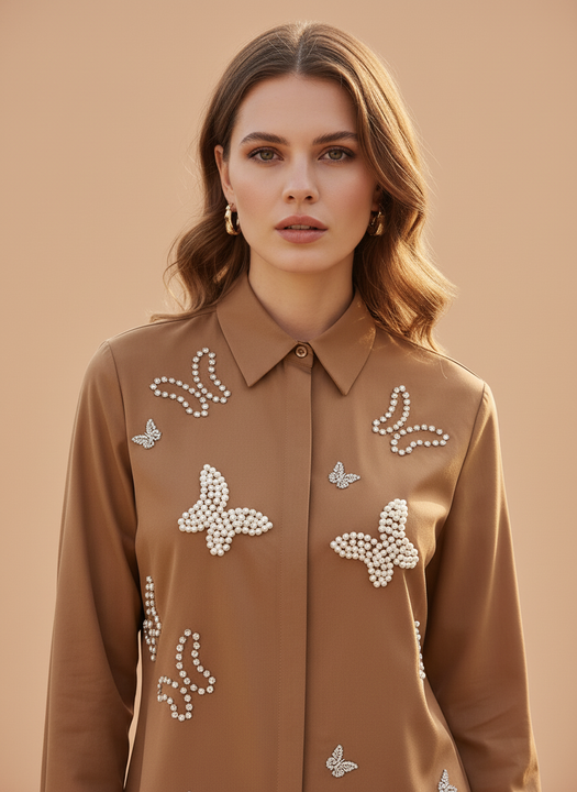 Mocha Luxe Pearl Butterfly Embellished Designer Shirt