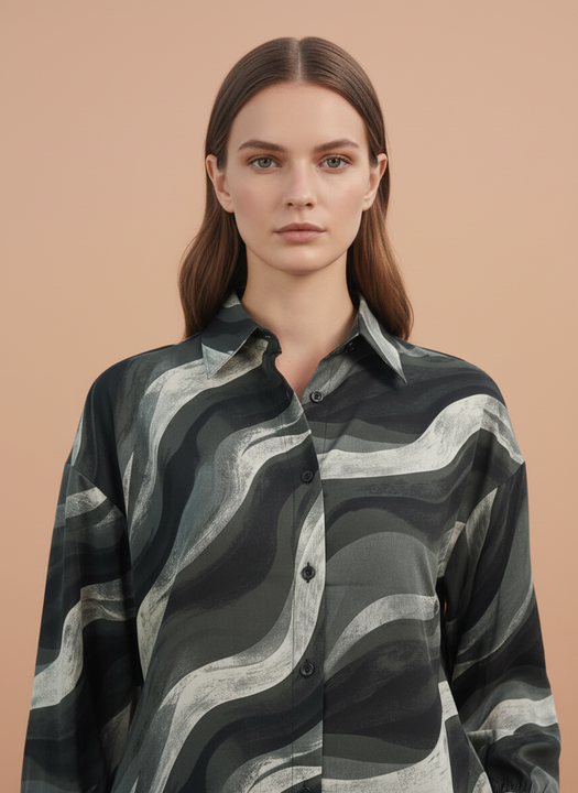 Women's Grey & Black Abstract Wavy Printed Oversized Shirt