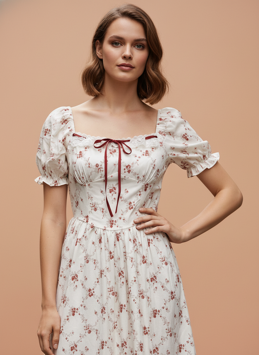 White Floral Puff Sleeve Midi Dress with Lace Hem
