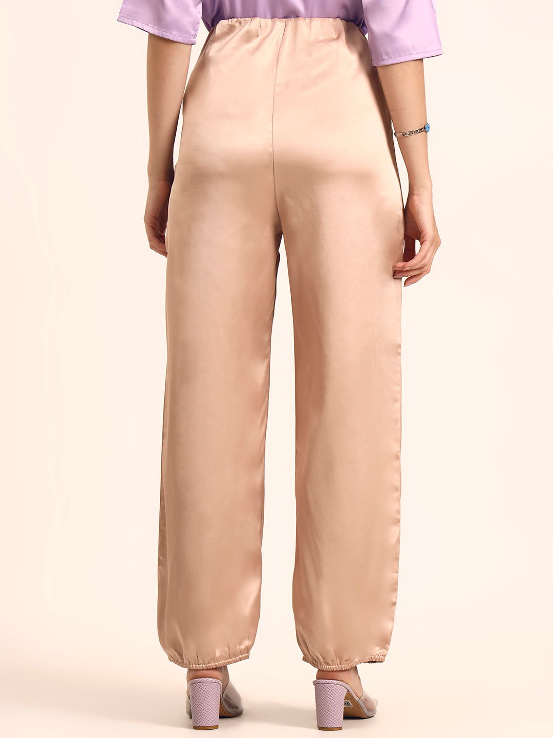 Luxury Satin Wide Leg Pants European Fabric  Light Beige Glam Look