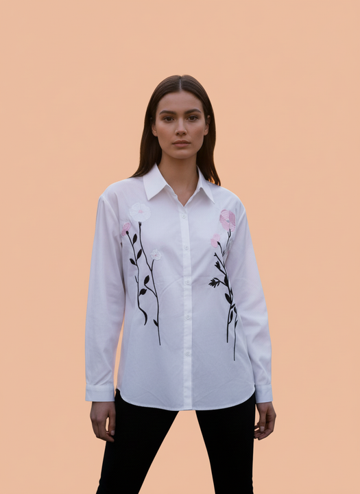 Elegant Floral Embroidered White Shirt for Women