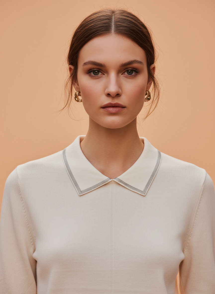 Off White Knit Top with Embellished Peter Pan Collar