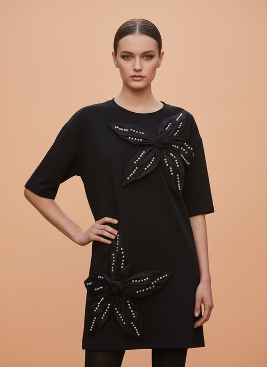 Elegant Black Floral Applique Oversized T-Shirt for Women
