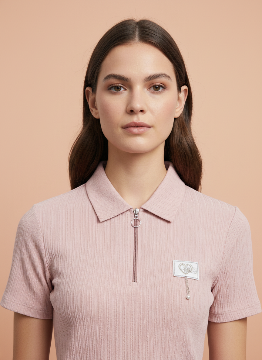 Women’s Pastel Pink Ribbed Knit Quarter Zip Polo T-Shirt
