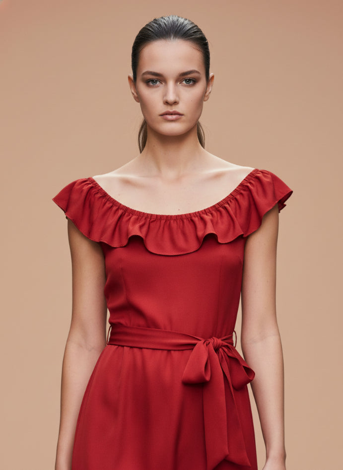 Women’s Luxury European Satin Crimson Red Midi Dress