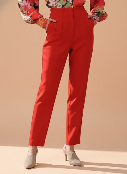 Banana Crepe Mars Red Skin Fit With Multi Pleated Trouser