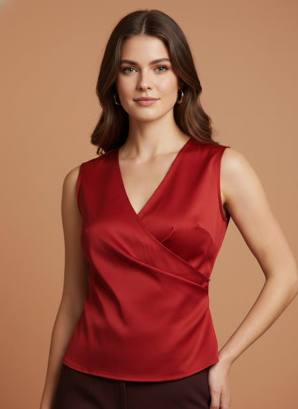 European Satin V Neck Pleated Sleeveless Top