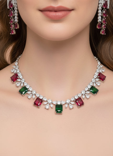 Luxury Silver-Tone Cubic Zirconia Ruby & Emerald Statement Necklace & Earrings Set