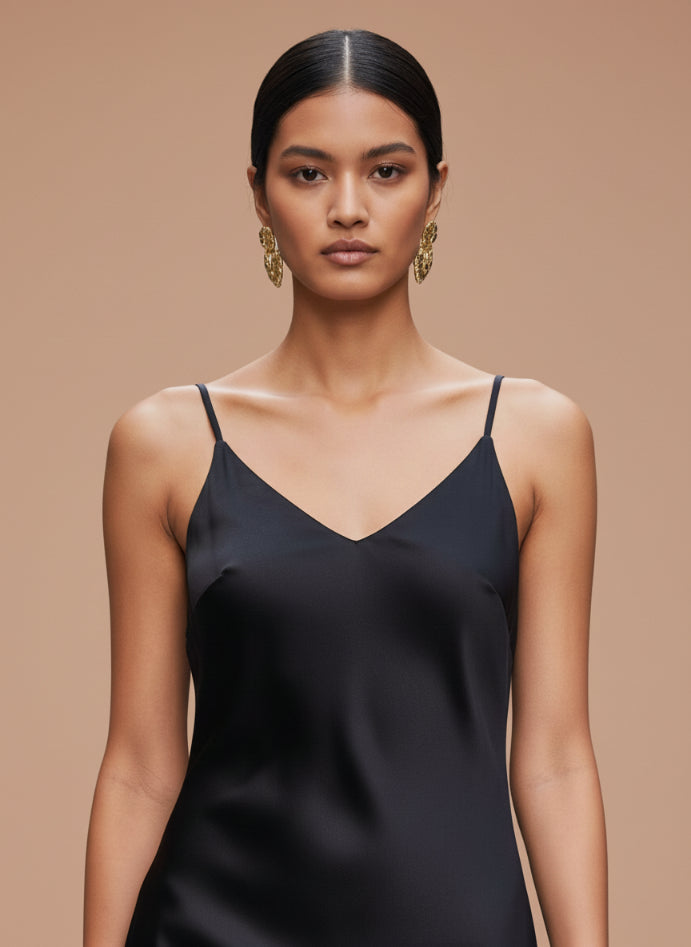 European Satin Black Midi Dress