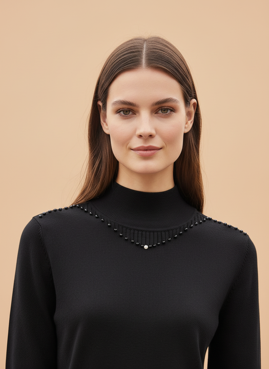 Black Beaded Mock Neck Knit Top