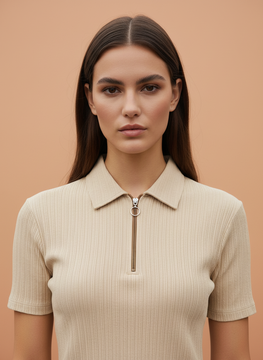 Women’s Beige Ribbed Knit Half-Zip Polo T-Shirt