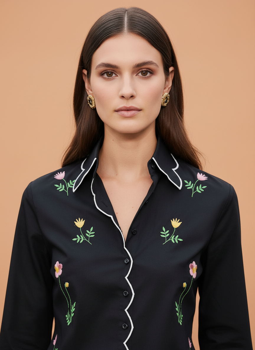 Elegant Black Floral Embroidered Scallop Edge Shirt for Women