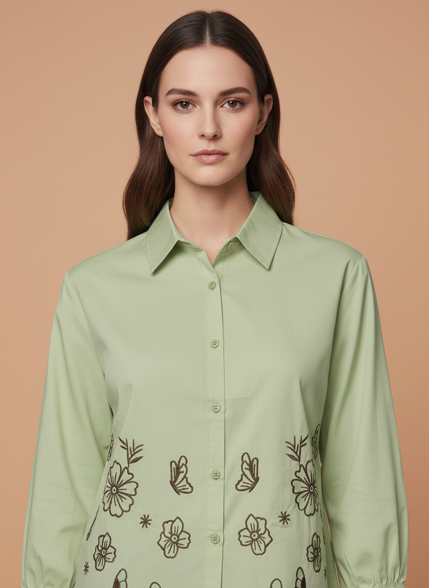 Sage Green Floral Butterfly Embroidered Shirt