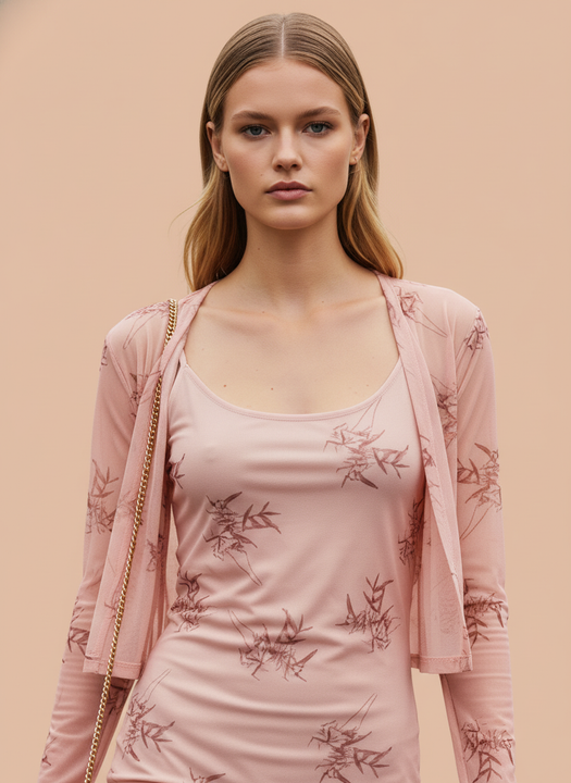 Elegant Pink Printed Midi Dress for Women with Shrug