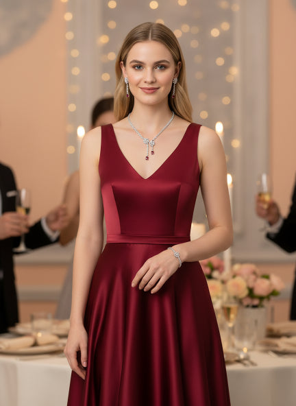 Elegant Ruby Drop Diamond Jewelry Set – Necklace & Earrings