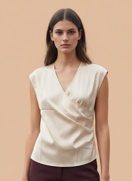 European Satin V Neck Pleated Sleeveless Top