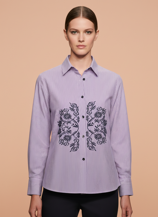 Lavender Grace Floral Embroidered Striped Shirt