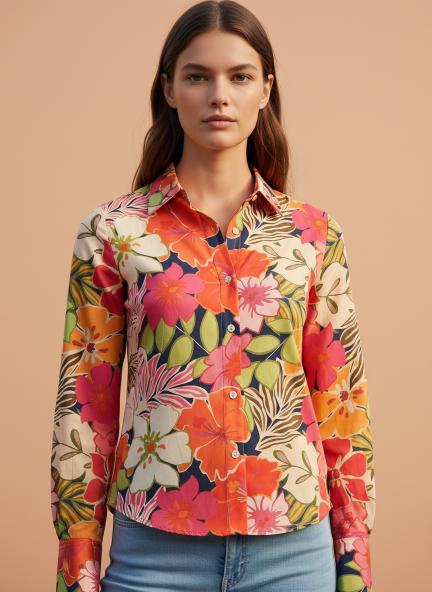 Satin Multicolour Regular Length Straight Hem Digital Print Shirt