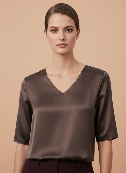 European Satin-Finish, V-Neck Top